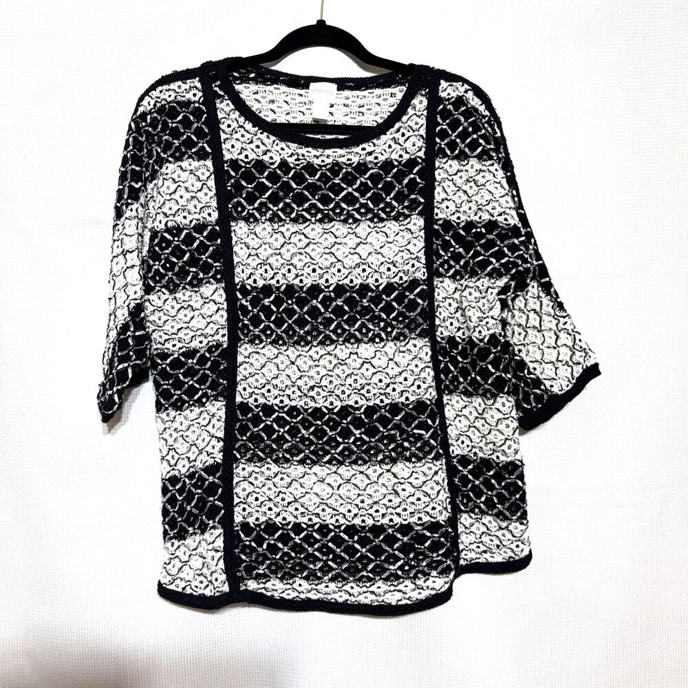 Chico’s Womens Open Knit Pullover Sweater Striped Black White Round Hem - Size 2